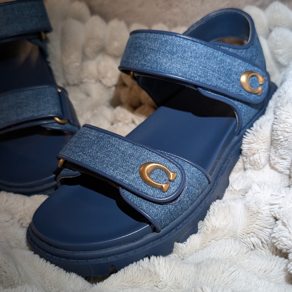Coach Denim Blue Sandals with Gold Buckle - Picture 2 of 6